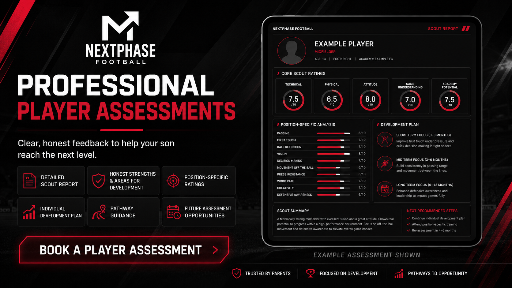 Example Next Phase Football Player Assessment Report showing performance ratings, strengths, development priorities and recommended next steps.